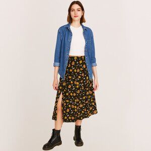 NEW T Tahari A-Line Skirt Black/Rust Floral Print Side Split Size 2 Modest Fairy